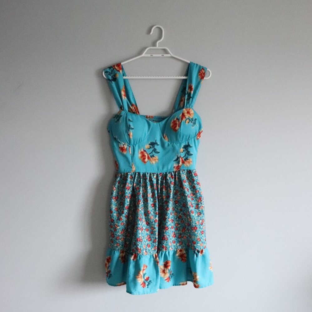 Band of the Free‎ Women's Sz L Blue Floral Boho Sleeveless Flared Summer Dress